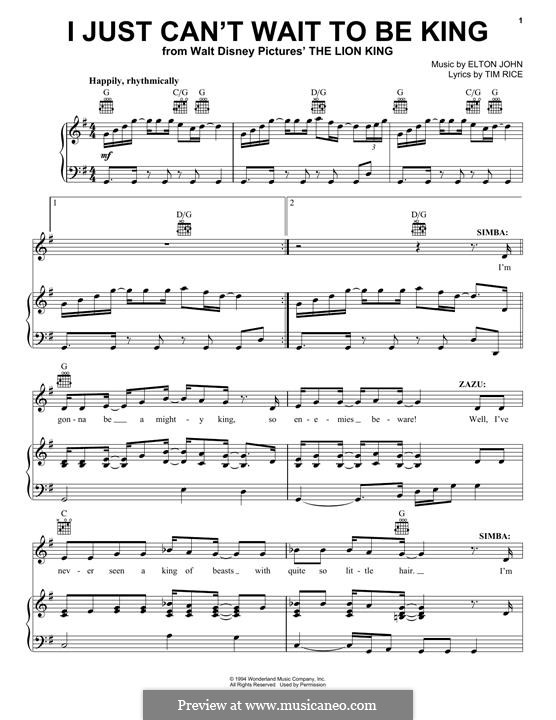 I Just Can't Wait To Be King (from The Lion King): Für Stimme und Klavier (oder Gitarre) by Elton John