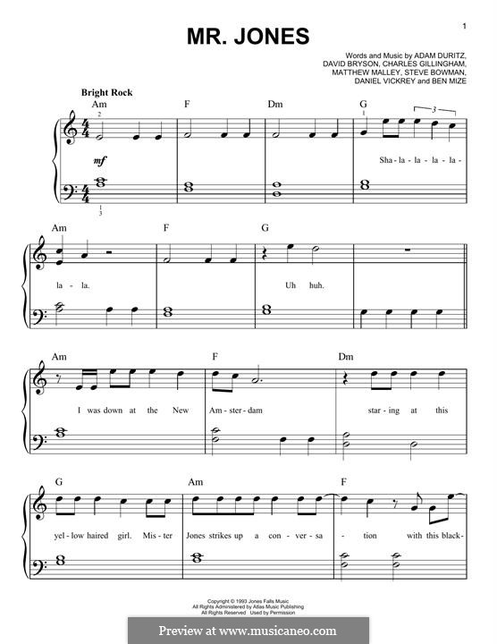 Mr. Jones (Counting Crows): Für Klavier by Adam F. Duritz, David Bryson