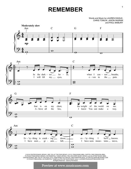 Remember (from Look Up Child): Für Klavier by Chris Tomlin, Jason David Ingram, Paul Mabury, Lauren Daigle