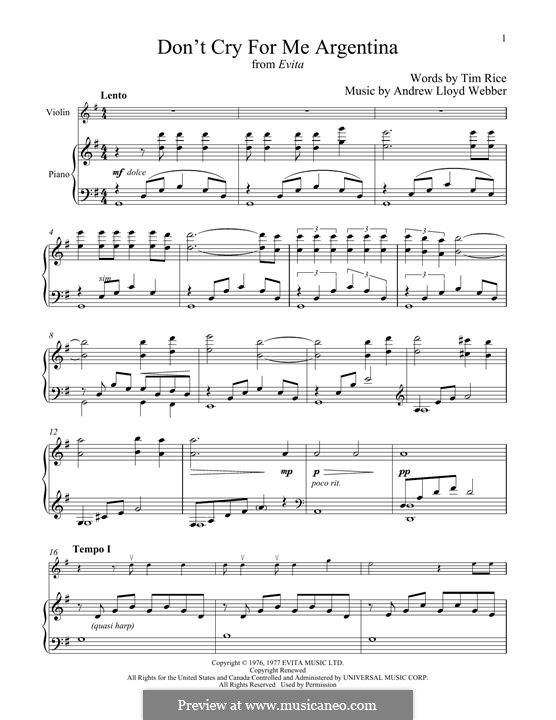 Don't Cry for Me Argentina: Für Violine und Klavier by Andrew Lloyd Webber