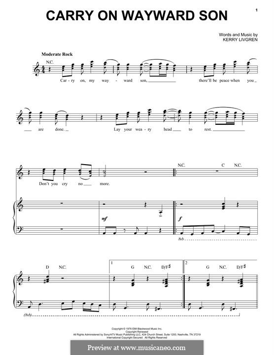 Carry on Wayward Son (Kansas): Für Stimme und Klavier by Kerry Livgren