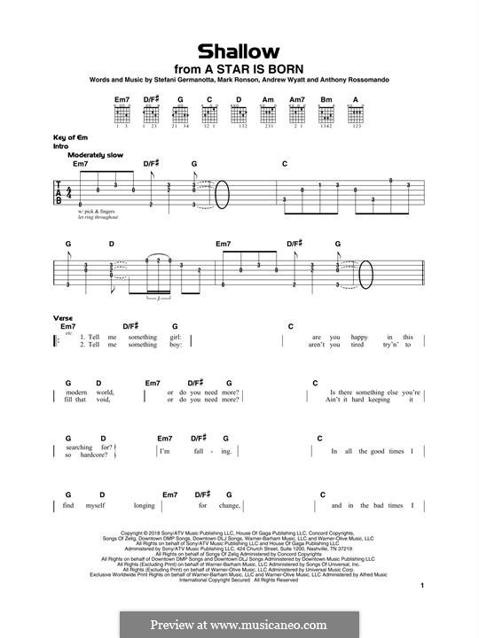 Shallow (from A Star Is Born) Lady Gaga & Bradley Cooper: Für Gitarre mit Tabulatur by Andrew Wyatt, Anthony Rossomando, Mark Ronson, Stefani Germanotta