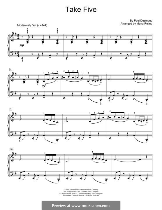 Take Five (Dave Brubeck): Für Klavier, leicht by Paul Desmond