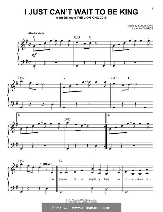 I Just Can't Wait To Be King (from The Lion King): Für Klavier by Elton John