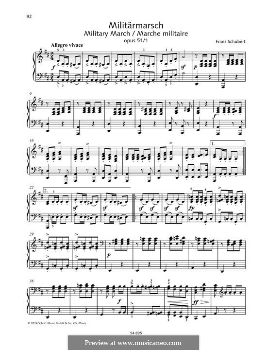 Drei militärische Marsche für Klavier, vierhändig, D.733 Op.51: March No.1, for piano by Franz Schubert
