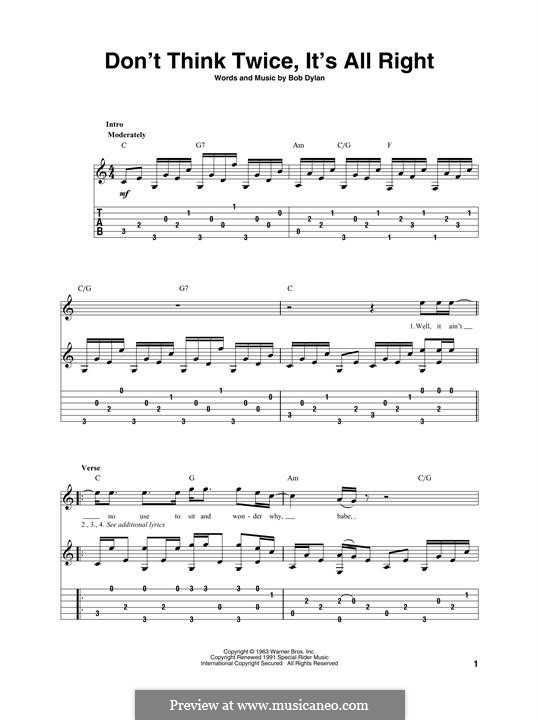 Don't Think Twice, It's Alright: Für Gitarre mit Tabulatur by Bob Dylan