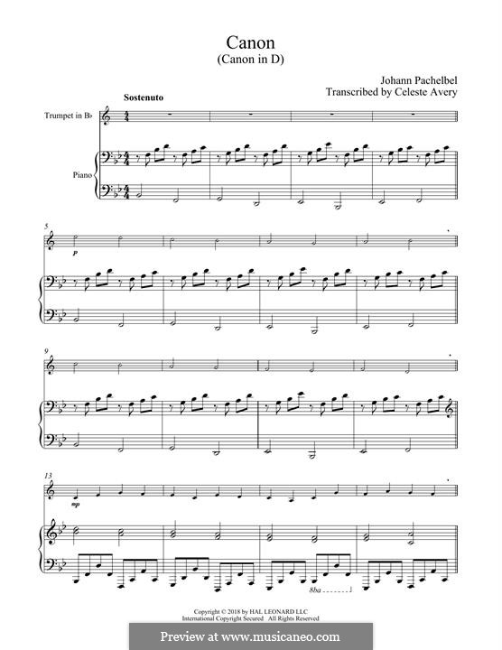 Two instrument version: For trumpet and piano by Johann Pachelbel