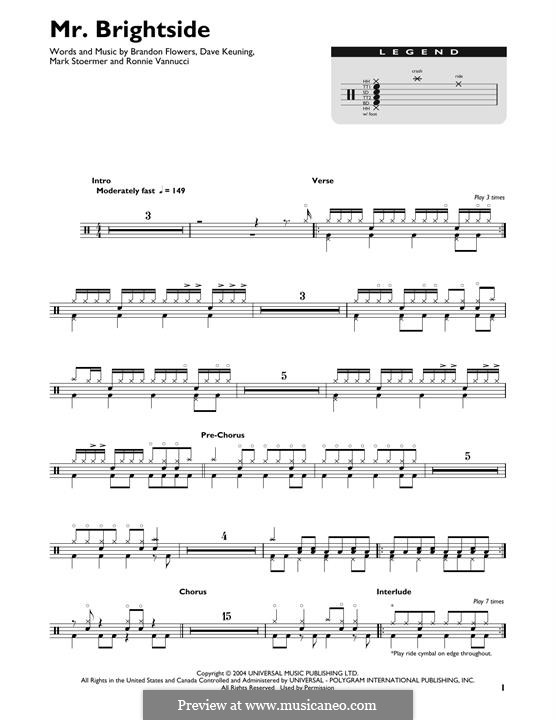 Mr. Brightside (The Killers): Drum set by Brandon Flowers, Dave Keuning, Mark Stoermer, Ronnie Vannucci