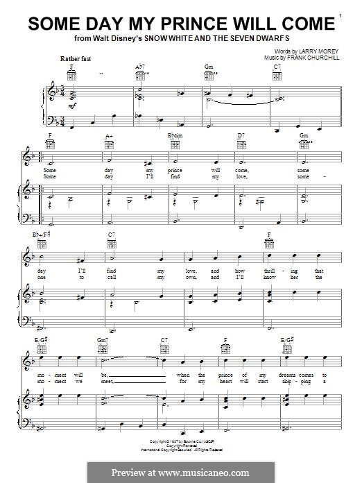 Some Day My Prince Will Come (from Snow White and The Seven Dwarfs): Für Stimme und Klavier (oder Gitarre) by Frank Churchill