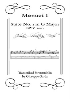 Suite für Cello Nr.1 in G-Dur, BWV 1007: Menuet I, for mandolin by Johann Sebastian Bach