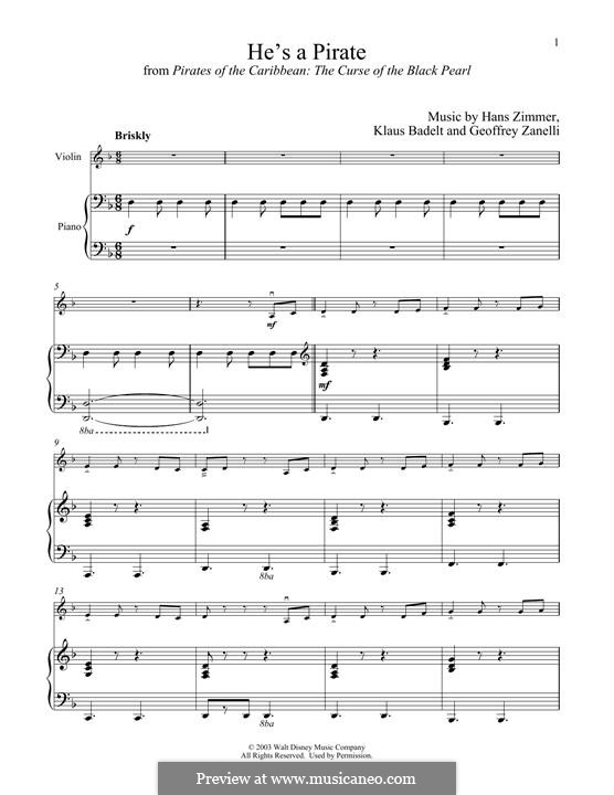 He's a Pirate (from Pirates of the Caribbean: The Curse of the Black Pearl): Für Violine und Klavier by Klaus Badelt