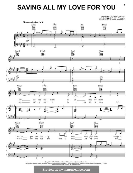 Saving All My Love for You (Whitney Houston): Für Stimme und Klavier (oder Gitarre) by Gerry Goffin, Michael Masser