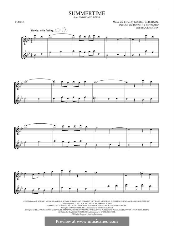 Summertime, for two instruments: Für zwei Flöten by George Gershwin