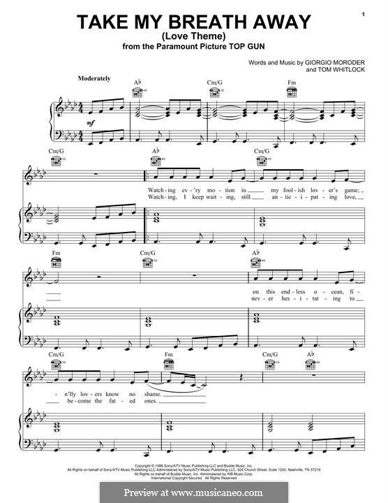 Take My Breath Away (Berlin): Für Stimme und Klavier (oder Gitarre) by Giorgio Moroder