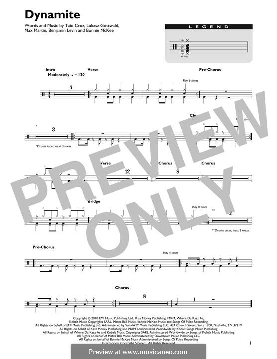 Dynamite (Taio Cruz): Drum set by Benjamin Levin, Bonnie McKee, Lukas Gottwald, Max Martin