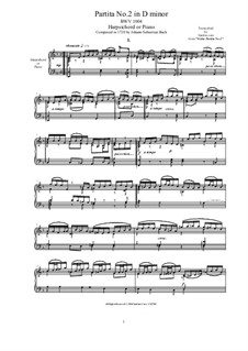 Partita für Violine Nr.2 in d-Moll, BWV 1004: Arrangement for harpsichord or piano by Johann Sebastian Bach