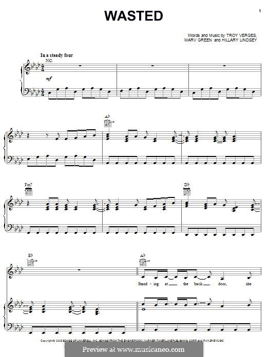 Wasted (Carrie Underwood): Für Stimme und Klavier (oder Gitarre) by Hillary Lindsey, Marv Green, Troy Verges
