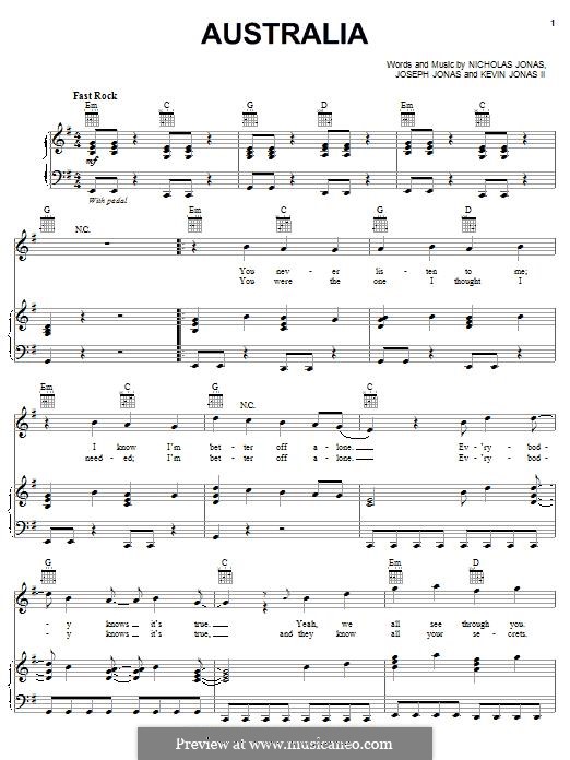 Australia (Jonas Brothers): Für Stimme und Klavier (oder Gitarre) by Joseph Jonas, Kevin Jonas Sr., Nicholas Jonas