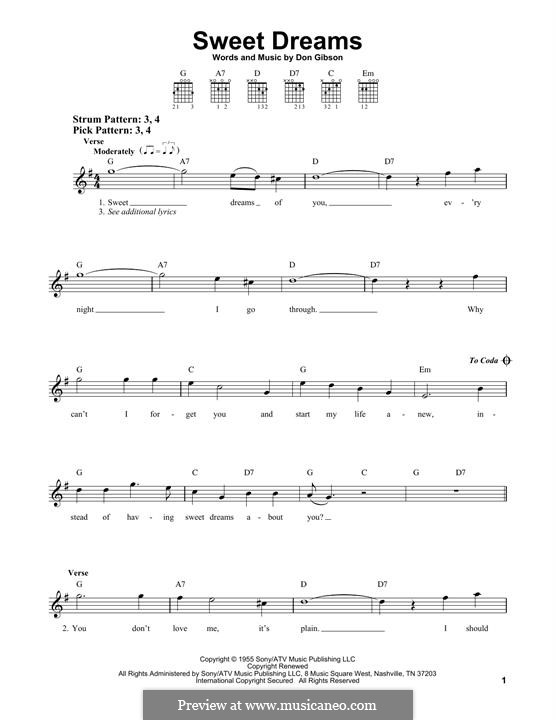 Sweet Dreams (Patsy Cline): Für Gitarre by Don Gibson