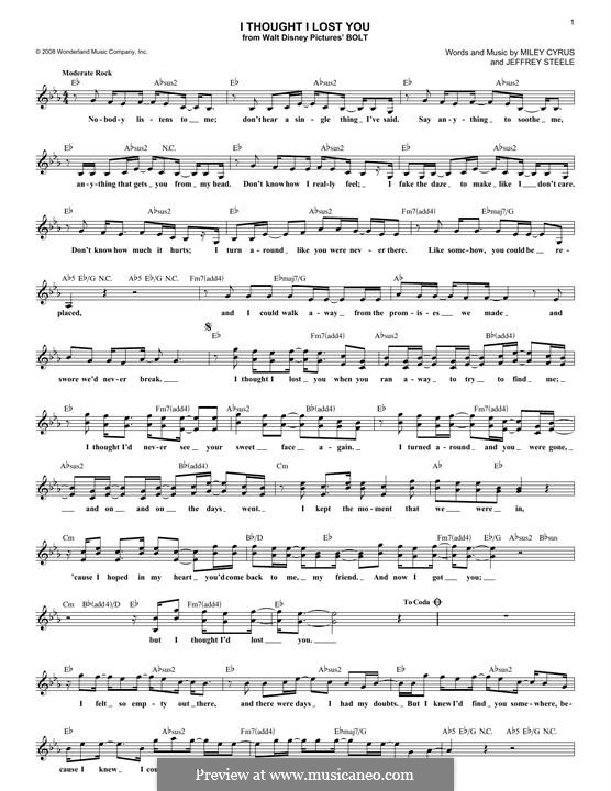 I Thought I Lost You (Miley Cyrus): Für Keyboard by Jeffrey Steele
