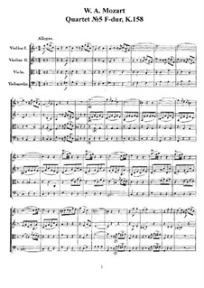 Streichquartett Nr.5 in F-Dur, K.158: Vollpartitur, Stimmen by Wolfgang Amadeus Mozart