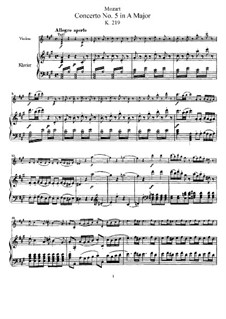 Konzert für Violine und Orchester Nr.5 in A-Dur 'Türkisch', K.219: Bearbeitung für Violine und Klavier – Partitur, Solo Stimme by Wolfgang Amadeus Mozart