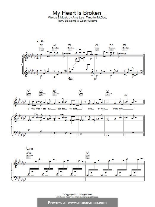 My Heart Is Broken (Evanescence): Für Stimme und Klavier (oder Gitarre) by Amy Lee, Terry Baisamo, Timothy McCord, Zach Williams