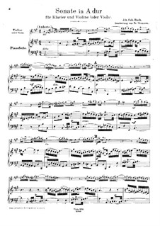 Sonate für Violine und Cembalo Nr.2 in A-Dur, BWV 1015: Bearbeitung für Violine (oder Bratsche) und Klavier by Johann Sebastian Bach