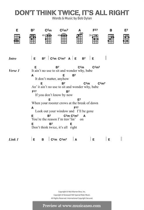 Don't Think Twice, It's Alright: Text und Akkorde by Bob Dylan