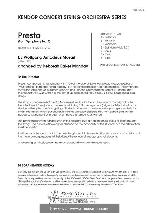 Sinfonie Nr.1 in Es-Dur, K.16: Presto, for strings – Full Score by Wolfgang Amadeus Mozart