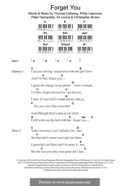 Forget You (Cee Lo Green): Text und Akkorde für Klavier by Ari Levine, Christopher Brown, Bruno Mars, Philip Lawrence, Thomas Callaway