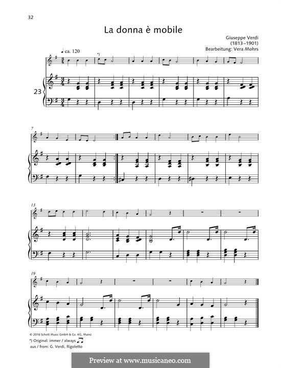 La donna è mobile (Over the Summer Sea) printable scores: For any instrument and piano by Giuseppe Verdi