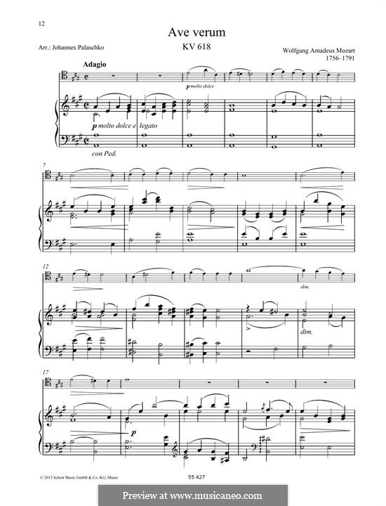 Ave verum corpus (Printabel Scores), K.618: Für Viola und Klavier by Wolfgang Amadeus Mozart