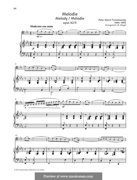 Souvenir d'un lieu cher (Memory of a Dear Place), TH 116 Op.42: No.3 Mélodie, for viola and piano by Pjotr Tschaikowski