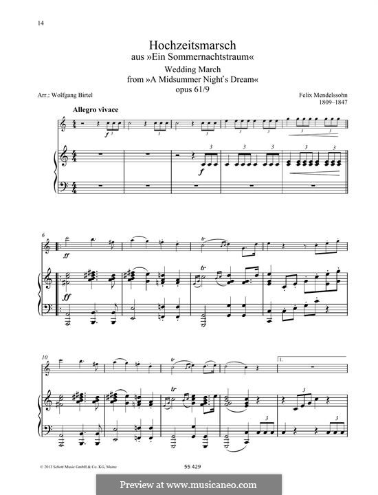 Wedding March (Printable Scores): For any instrument and piano by Felix Mendelssohn-Bartholdy