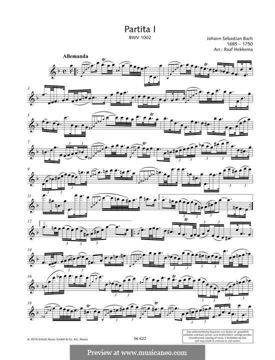 Partita für Violine Nr.1 in h-Moll, BWV 1002: For any instrument by Johann Sebastian Bach