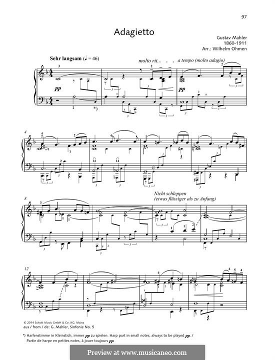 Sinfonie Nr.5 in cis-Moll: Movement IV Adagietto (Theme). Version for piano by Gustav Mahler