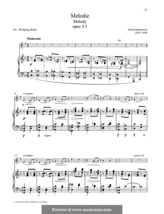 Zwei Melodien, Op.3: Melody No.1, for any instrument and piano by Anton Rubinstein