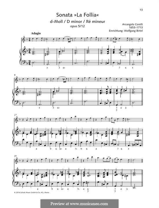Sonate Nr.12 'La Folia': Bearbeitung für Violine und Klavier by Arcangelo Corelli