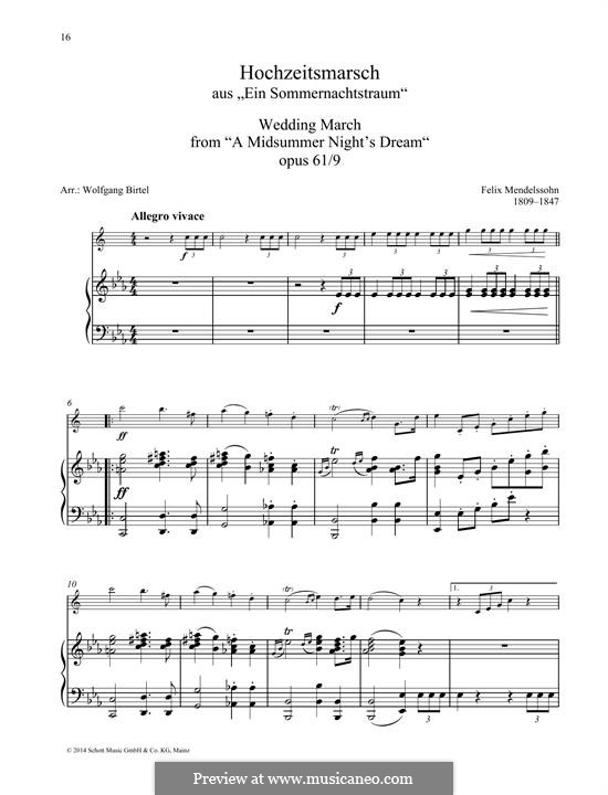 Wedding March (Printable Scores): For any instrument and piano by Felix Mendelssohn-Bartholdy