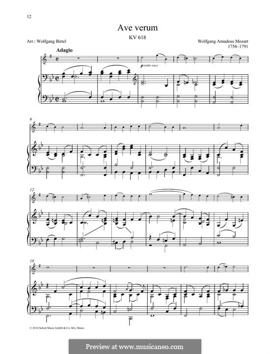 Ave verum corpus (Printabel Scores), K.618: For any instrument and piano by Wolfgang Amadeus Mozart