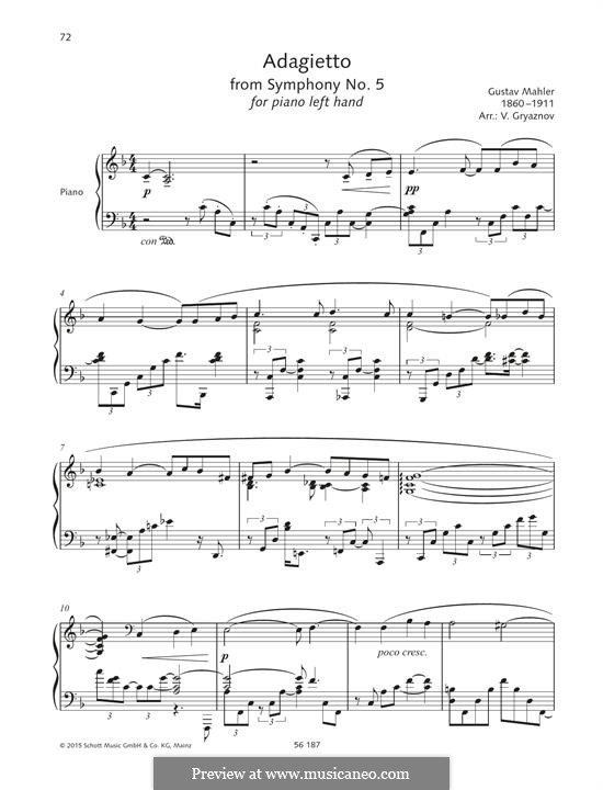 Sinfonie Nr.5 in cis-Moll: Movement IV Adagietto (Theme). Version for piano by Gustav Mahler