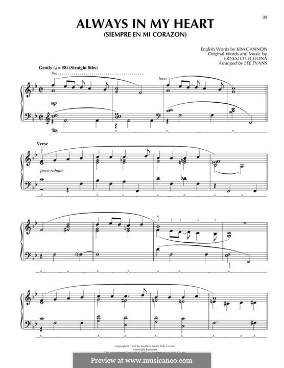 Always in My Heart (Siempre en mi Corazon): Für Klavier by Ernesto Lecuona, Kim Gannon