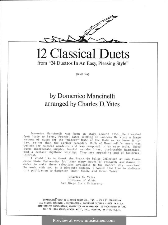 12 Classics Duets (from 24 Duettos in an Easy, Pleasing Style): For any instruments by Dominico Mancinelli