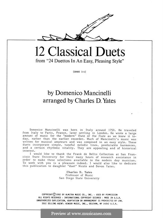 12 Classics Duets (from 24 Duettos in an Easy, Pleasing Style): For flutes by Dominico Mancinelli