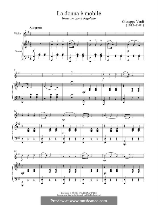 La donna è mobile (Over the Summer Sea) printable scores: Für Violine und Klavier by Giuseppe Verdi