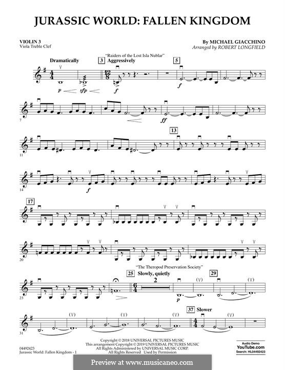 Jurassic World: Fallen Kingdom (arr. Robert Longfield): Violin 3 (Viola Treble Clef) part by Michael Giacchino