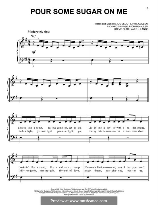Pour Some Sugar on Me (Def Leppard): Für Klavier, leicht by Joe Elliott, Phil Collen, Richard Savage, Robert John Lange, Steve Clark
