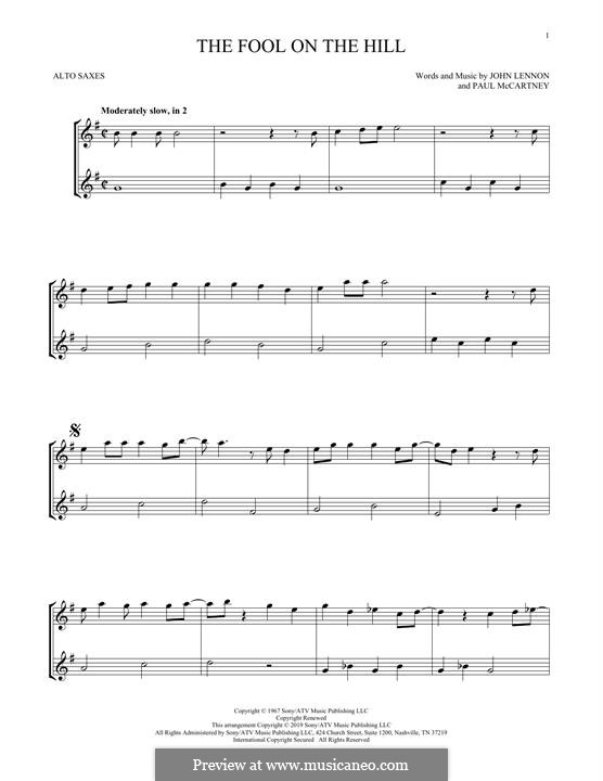 The Fool on the Hill (The Beatles): For two alto saxophones by John Lennon, Paul McCartney