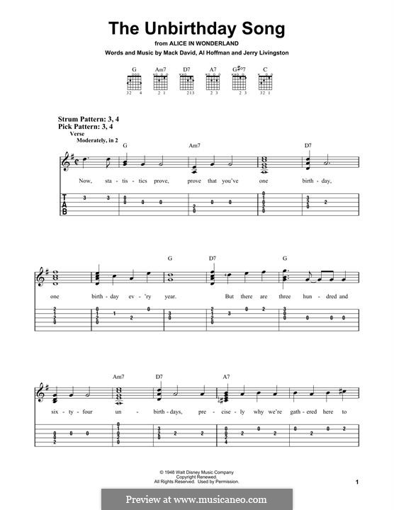 The Unbirthday Song: Für Gitarre by Al Hoffman, Jerry Livingston, Mack David